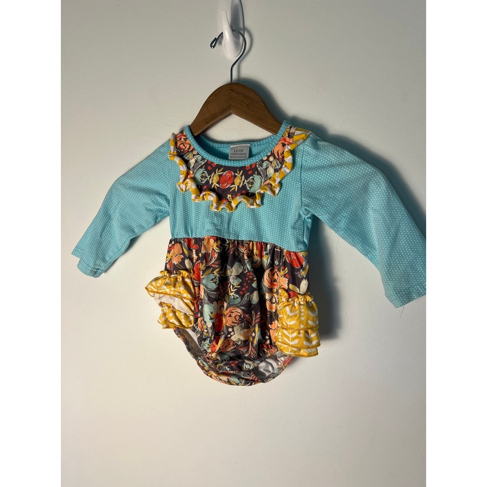 Boutique Floral Bubble Romper Baby Girls 12/18M Blue Ruffle Long Sleeve Cottage